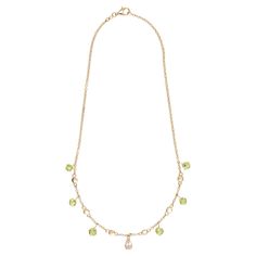 Very nice nnecklace round neck with peridot sapphire drop in the center champagne color, in between small lentils of gold 18k. All Giulia Colussi jewelry is new and has never been previously owned or worn. Each item will arrive at your door beautifully gift wrapped in our boxes, put inside an elegant pouch or jewel box. Yellow Gold Drop Necklaces For May Birthstone, Yellow Gold Drop Necklace For May Birthstone, Green Briolette Necklace In Fine Jewelry Style, Green Briolette Necklace Fine Jewelry, Green Drop Necklaces In Fine Jewelry Style, Elegant Green Round Charm Necklace, Green Round Necklace With Gemstone Accents, Elegant Green Round Charm Necklaces, Green Round Necklaces With Gemstone Accents