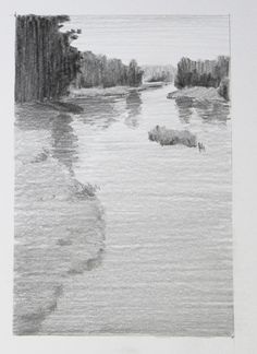 a pencil drawing of a river with trees in the distance and water running through it