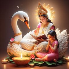 an image of a woman reading to a swan that is sitting on the ground next to candles