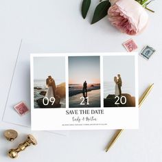 save the date card with photos and stamps on it next to a bouquet of flowers