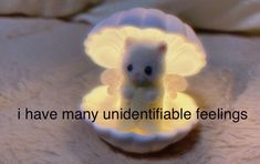 a small white teddy bear sitting inside of an egg with the words i have many undentfiable feelings