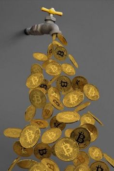 a pile of gold bitcoins falling from a faucet to the ground