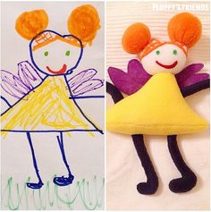 two pictures with children's drawings on them, one in yellow and the other in purple