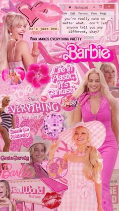 a collage of barbie dolls with pink hair and makeup on it's face