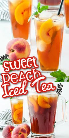 peach iced tea with fresh peaches and mint on the side in glass mugs