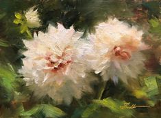 an oil painting of white and pink flowers