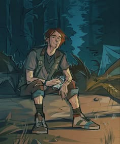 a boy sitting on a log in the woods at night with his legs crossed and feet crossed