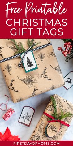 two wrapped presents with the text free printable christmas gift tags