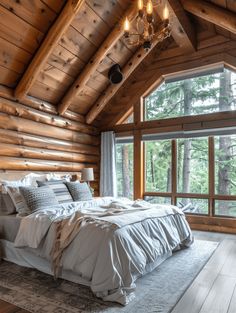 a large bed sitting in a bedroom next to a wooden wall with windows on each side