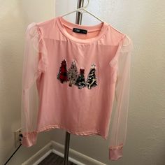 Brand New Never Worn. Casual Tops For Spring Holiday, Festive Pink Crew Neck Top, Graphic Print Top For Spring Holiday, Spring Holiday Top With Graphic Print, Winter Festive Long Sleeve Blouse, Festive Long Sleeve Winter Blouse, Casual Winter Party Tops, Casual Party Tops For Holidays, Pink Festive Winter Top