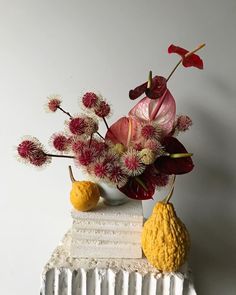 a vase filled with flowers and fruit sitting on top of a white radiator