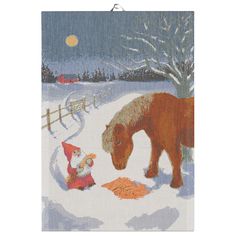 a cross stitch pattern of a horse and gnome in the snow, next to a fence