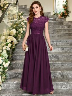 Granate Elegante Collar Manga capa Encaje Liso A línea Embellished Elástico Ligero Purple Dress Formal Classy, Purple Dress Formal, One Shoulder Bridesmaid Dresses, One Shoulder Bridesmaid, Chiffon Ribbon, Party Maxi Dress, Dress Maroon, Women Formals, Elegant Dresses Long