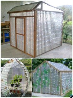 three pictures of a greenhouse made out of plastic bottles