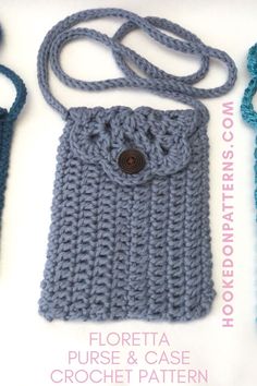 three crocheted purses are sitting on a table with the name floretta written below them