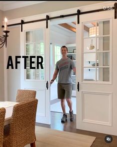 a man standing in front of a white door with the words before and after on it