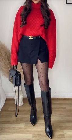 Red Outfit Astethics, Valentines Outfit Inspo 2024, Trendy Christmas Outfits 2024, Valentines Outfit Ideas For Women Classy, Red Crop Sweater Outfit, Christmas Outfit With Skirt, Red Fall Outfits Women, Red Turtleneck Sweater Outfit, Holiday Bar Outfit