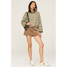 Green printed knit (55% Acrylic, 23% Wool, 22% Polyamide). Sweater. Long sleeves. Crewneck. Pull on. 20" from shoulder to hemline. Imported. Beige Jacquard Knit Casual Outerwear, Chic Jacquard Knit Sweater For Work, Casual Beige Jacquard Knit Outerwear, Casual Jacquard Knit Outerwear For Spring, Chic Crew Neck Sweater For Day Out, Trendy Jacquard Knit Tops For Fall, Chic Jacquard Knit Crew Neck Sweater, Casual Brown Jacquard Knit Sweater, Fall Jacquard Knit Tops For Workwear