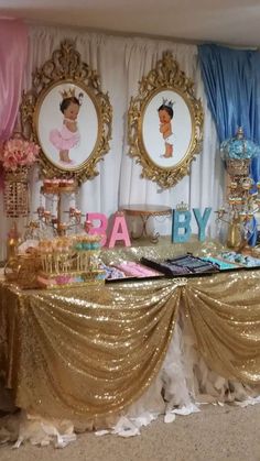 a baby shower party with gold sequins and blue drapes on the wall