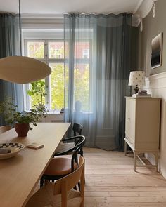 a dining room table with two chairs and a potted plant in the corner next to it