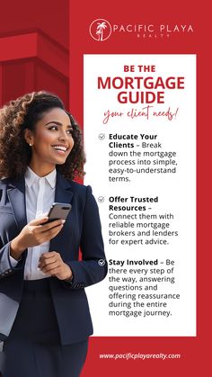 a woman in business attire standing next to a red wall with the words be the mortgage guide