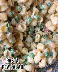 pasta and peas are mixed together in a bowl with the words pasta pesa salad