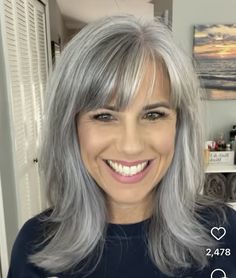 Gray Hair Fashion Over 50, Women Grey Hair Styles, Coloring Hair Grey Silver, Long Layered Grey Hair With Bangs, Med Gray Hairstyles, Grey Hair With Side Bangs, Midlength Haircuts For Gray Hair, Grey Hair With Fringe Bangs, Grey Hair And Bangs