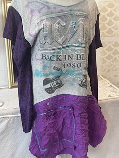 AC DC  remake/ T-shirt Tunic Purple Fits, Rock T Shirt, Back In Black, Leftover Fabric, Upcycled Fashion, Rock T Shirts, Purple Silk, Concert Tshirts, Band Merch