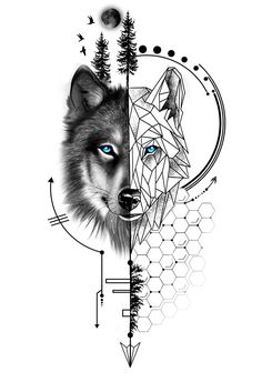 a wolf with blue eyes sitting next to another wolf in the woods, and surrounded by geometric shapes