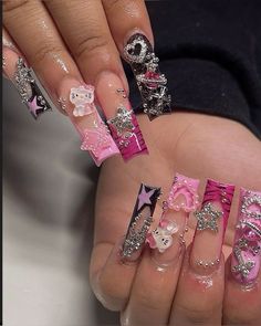 Creative Pink Nails, Hello Kitty Nail Set, Sanrio Nails, Beige Nails Design, Kitty Nails