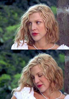 two pictures of a woman with blonde hair and pearls on her neck, wearing a white top