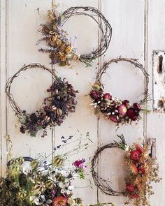 four wreaths with dried flowers hanging on the wall