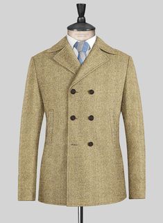 Aim for a lavish take on a casual style with our Highlander Heavy Beige Herringbone Tweed Pea Coat. Most significantly, crafted from a pure wool material expresses a thick, decently rugged and gorgeously soft texture with a distinctive herringbone weave over a brown hue. Additionally, the cloth exudes an enormously cozy vibe, which makes this jacket an excellent investment for the winter.   
 Look Includes  Highlander Heavy Beige Herringbone Tweed Fabric   Faux Horn   Brown  Buttons  Side Pocket Wool Double-breasted Herringbone Outerwear, Wool Double-breasted Outerwear With Herringbone Pattern, Double-breasted Wool Outerwear With Herringbone Pattern, Wool Herringbone Outerwear With Lapel Collar, Double-breasted Herringbone Winter Outerwear, Winter Herringbone Double-breasted Outerwear, Business Wool Coat With Herringbone Pattern, Double-breasted Brown Wool Sport Coat, Wool Outerwear With Herringbone Pattern And Lapel Collar