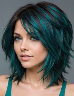 Short Hairstyles Color Ideas, Short Colored Hair Ideas, Women’s Short Hairstyles, Medium Shag Cut, Short Hair Colour, Rockstar Hair, Blue Balayage, Perfect Hair Color