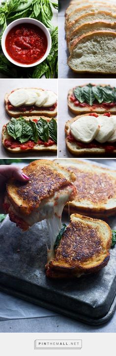 four pictures showing different ways to make a grilled cheese sandwich with basil and tomato sauce