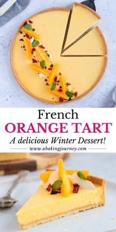 a slice of orange tart on top of a white plate