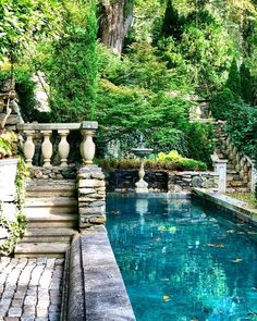 an outdoor swimming pool surrounded by greenery and stone steps leading up to the water's edge