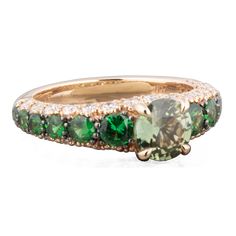 18k rose gold ring with 1.31ct green Sapphire center, 1.02ct tw Tsavorites, & .77ct tw white Diamonds. in stock size 6.5 Green Sapphire, White Diamonds, 18k Rose Gold, Diamond White, Rose Gold Ring, Gold Ring, Gold Rings, Sapphire, Product Launch