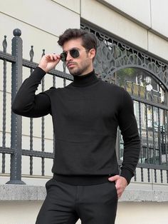 Stefano Slim Fit Black Turtleneck Sweater – Brabion High Neck Outfit, Black Trench Coat Men, Turtleneck Suit, Men Mode, Acrylic Product, Black Turtle Neck, Black Turtleneck Sweater, Black Pants Men, Thermal Sweater