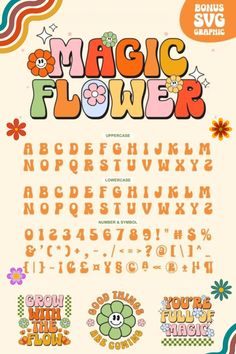 a poster with the words magic flower in different colors and font, along with an image of