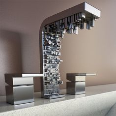 the modern faucet is designed to look like a waterfall