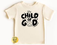 Child of God Toddler Shirt, Christian Shirts for Kids, Jesus Toodler Shirt, Toddler Sweatshirt, Youth Sweatshirt, Retro Natural Infant HOW TO ORDER 1- Check the size and color charts to find the perfect fit. 2- Choose the item style and size from the first dropdown menu. 3- Pick the clothing color from the second dropdown menu. 4- (Some listings only) If available, fill in the "Add your personalization" section following the example provided. 5- Select the quantity. 6- Click the "Add to Cart" bu Kids Christian Shirts, Christian Kids Shirts, Christian Shirts Designs, Bible Verses For Kids, Teaching Toddlers, Christian Kids, Cute Shirt Designs, Child Of God, Kids Church