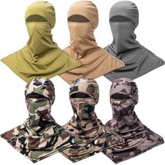 four different colors of face coverings on top of each other, including one with a hood