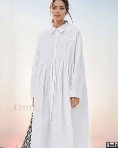 Fisdy - White Midi Shirt Dress with Long Sleeves - Loose-Fitting and Elegant White Midi, Dress With Long Sleeves, Loose Fitting Dresses, Mid Length Skirts, Midi Shirt Dress, White Midi Dress, Long Sleeve Shirt Dress, Polo Collar, Types Of Skirts