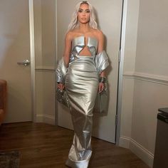 Color: Silver, Size: M Leather Long Dress, Kardashians Jenner, Tube Top Dress, Dress Women Elegant, Corset Mini Dress, Mini Robes, Bodycon Maxi Dresses, Long Summer Dresses, Silver Dress