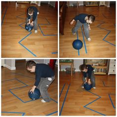 four pictures of a young boy playing with balls on the floor