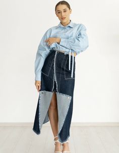 Wrap skirt is made from summer denim, A-line silhouette. In front there is a decorative scent, a zipper on the back. There are pockets.Product parameters:XS at the waist 24in/61.5 cm, at the hips 38in/97 cmS at the waist 26in/65.5 cm, at the hips 39,8in/101 cmM at the waist 27,4in/69.5 cm, at the hips 41,4in/105 cmML at the waist 29in/73.5 cm, at the hips 43in/109 cmLength from the waist to the back 35,4in/90 cmLength from the side 33in/84 cm.The model is wearing an XS size. Model's height: 168 Midi Denim Skirt, Streetwear Outfit Ideas, Urban Outfitters Clothes, Bow Tie Blouse, Midi Denim, Summer Denim, Double Denim, Upcycled Denim, Streetwear Fashion Women