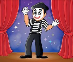 a cartoon character standing in front of a stage curtain with his hands up to the side