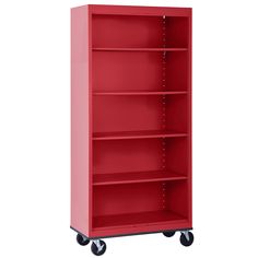 a red bookcase with four shelves and wheels on the bottom, in front of a white background