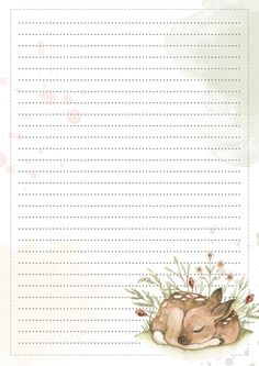 a sheet of paper with an image of a deer sleeping in the grass and flowers